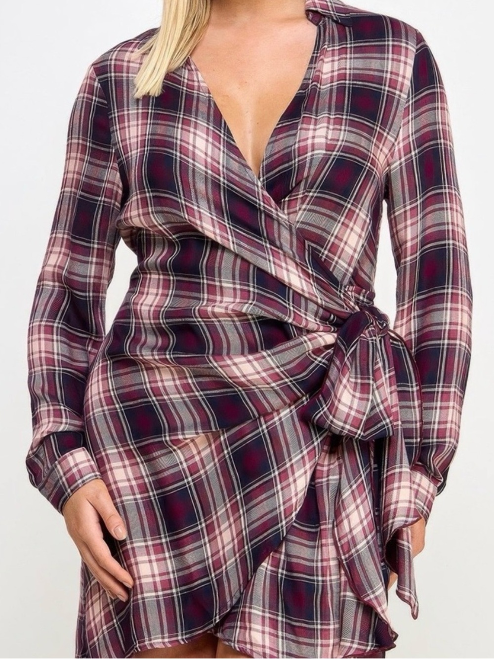 Long Sleeve Plaid Side Tie Dress